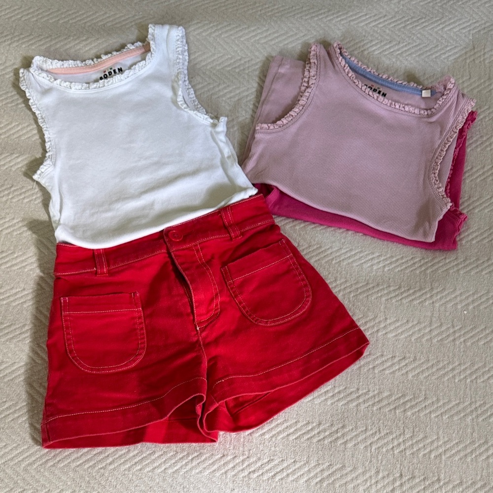 Mini Boden Red Girls Shorts with White Tank & Pink Tanks